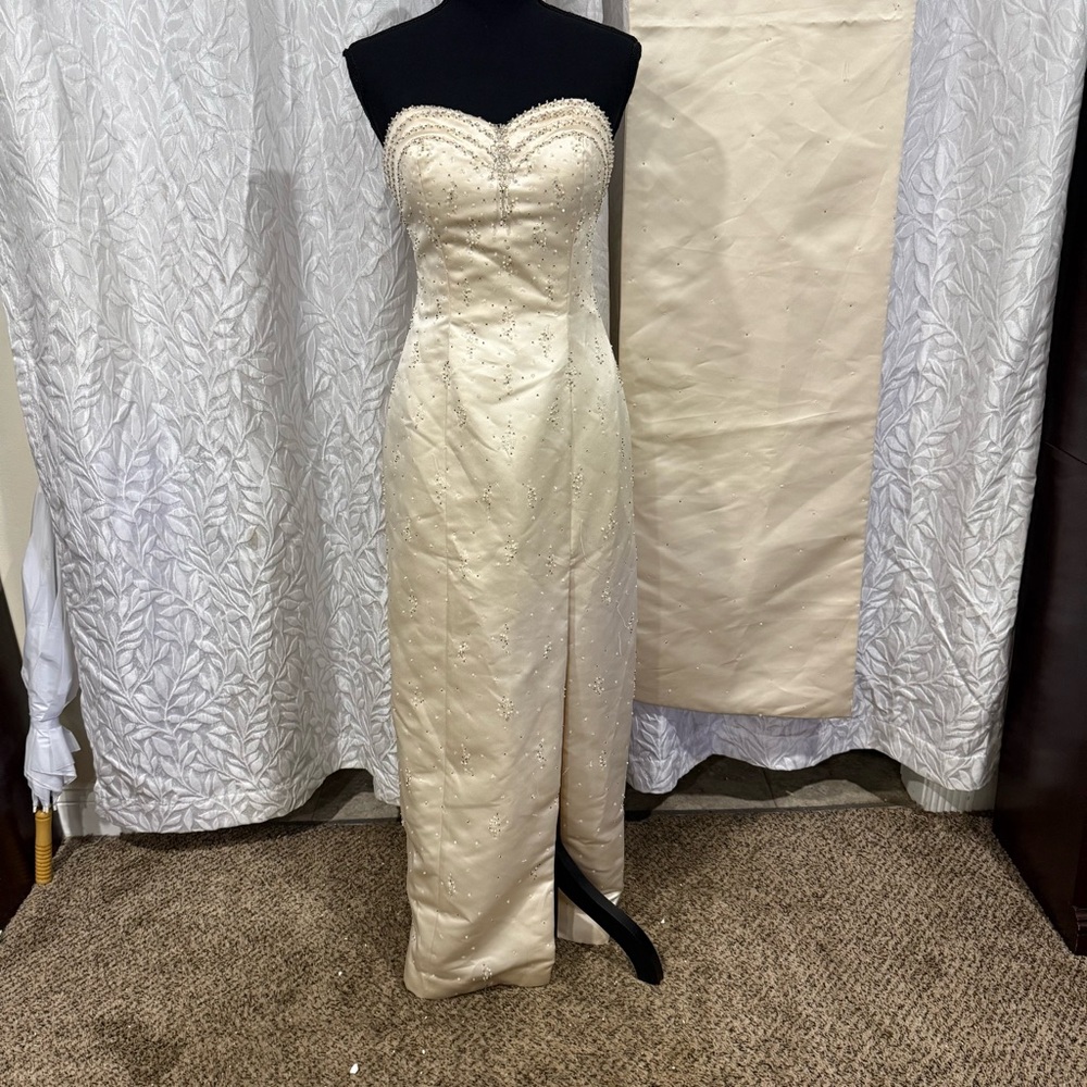 Mori Lee Strapless Beige Maxi Dress Sz 7/8 – Formal Slit Elegant Gown Classic